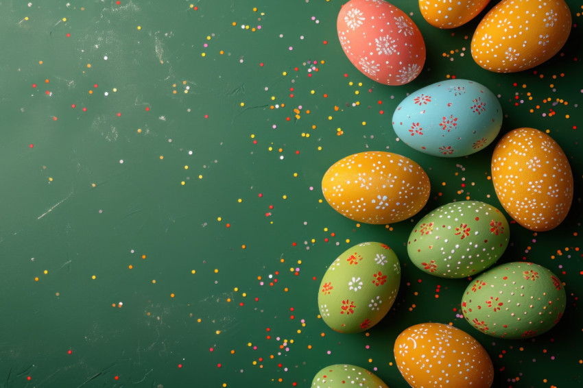 Colorful easter eggs arranged on green background