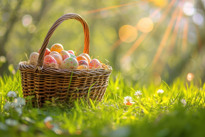 Easter eggs arranged in a wicker basket on the green grass