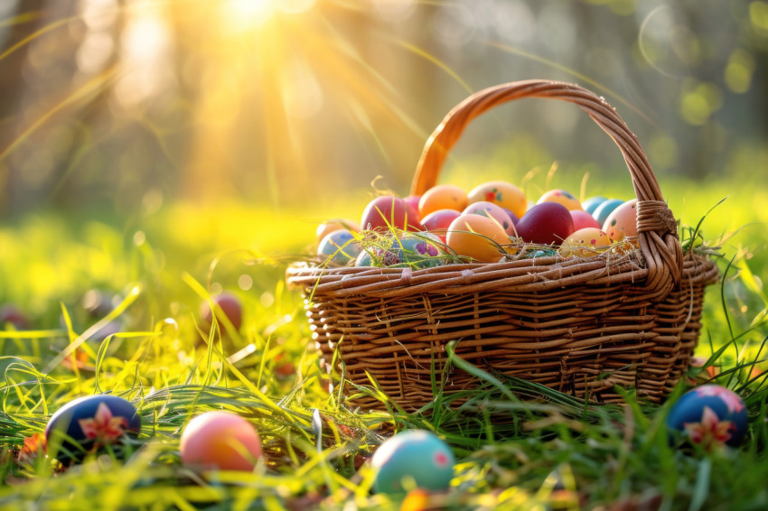 Wicker basket filled with colorful easter eggs sitting in the grass