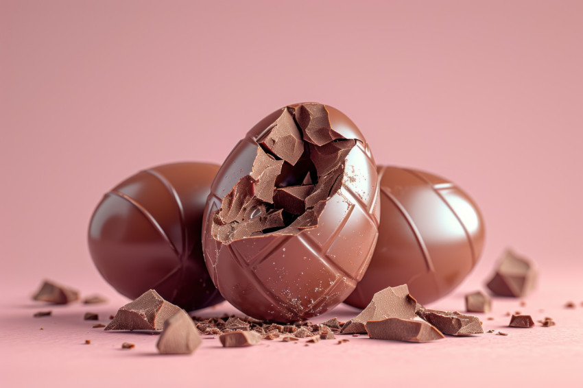 Cracked chocolate egg against a pink backdrop