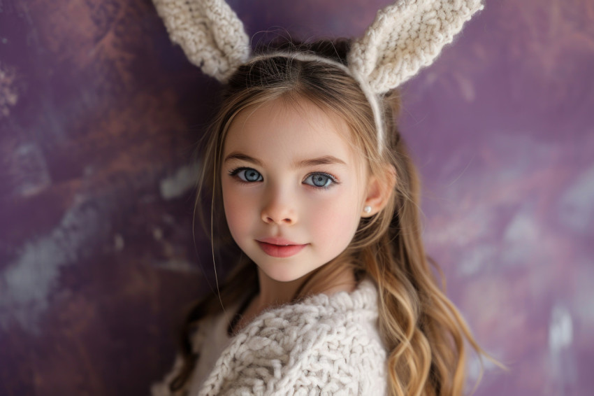 Girl in wearing bunny ears posing on a purple backdrop