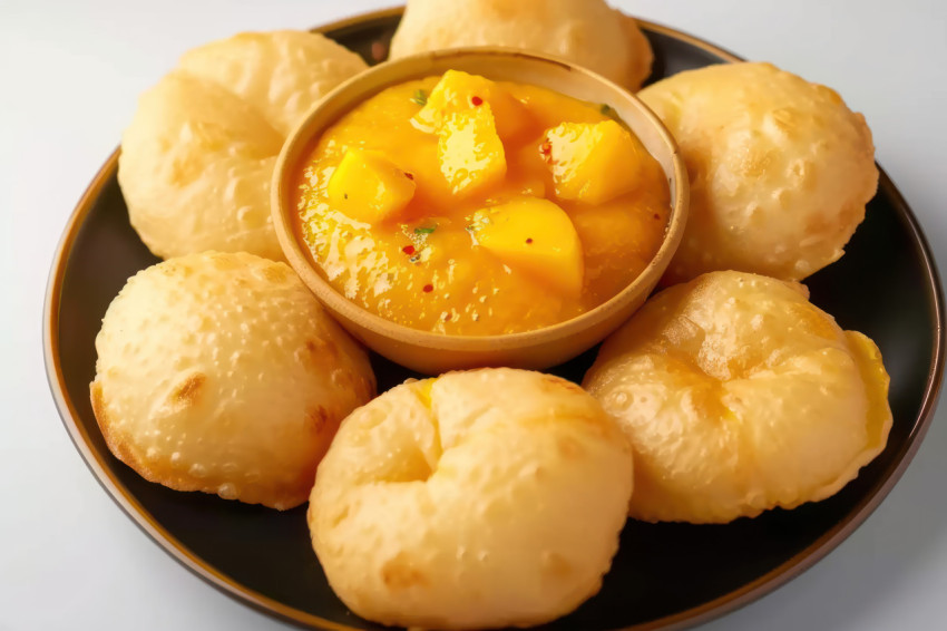 Rich mango pulp served with crispy puri on a plate