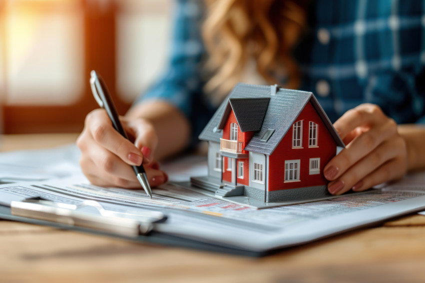 Person holds model house fills bank documents on paperwork