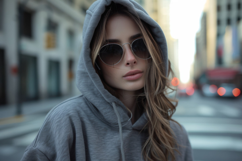 A stylish woman in a hoodie and sunglasses walking confidently through the urban streets