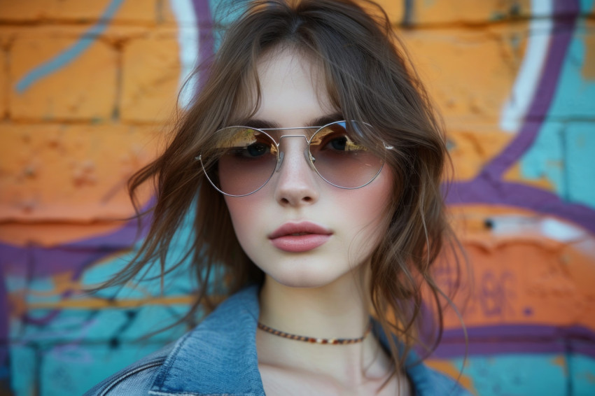 Confident young lady in sunglasses standing in front of colorful graffiti