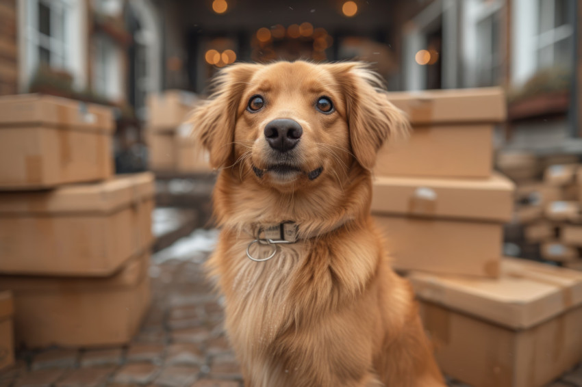 Cute dog sitting beside moving boxes outside a home