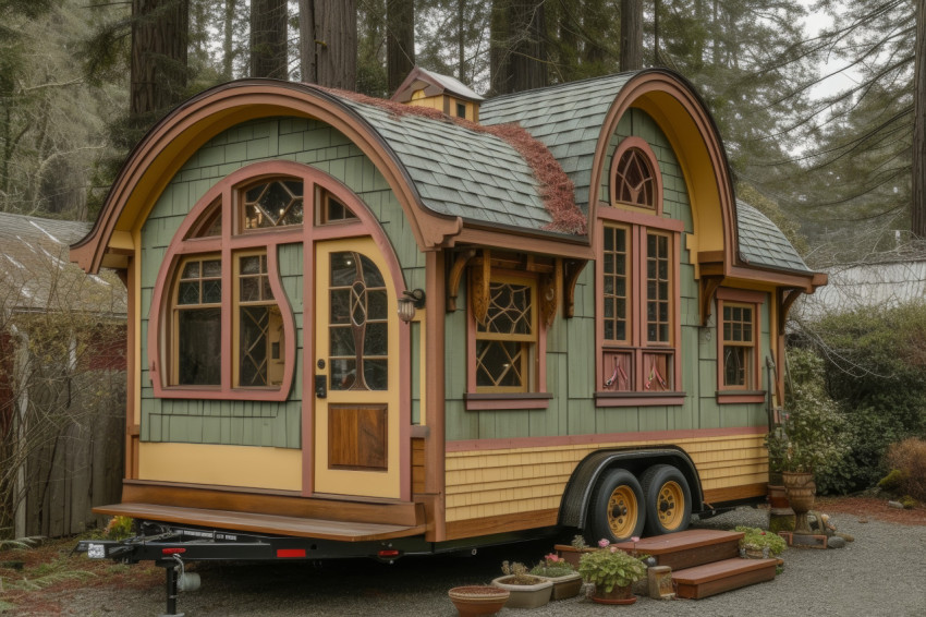 Tiny house on wheels surrounded by majestic redwoods