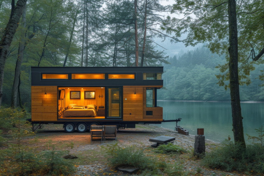 Tiny house on wheels nestled in the forest near a serene lake