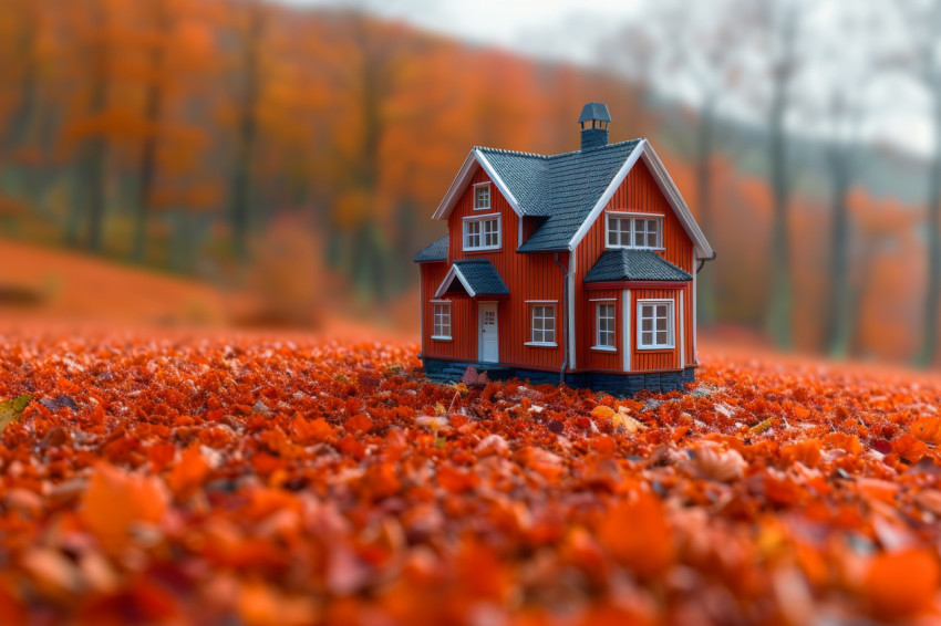 A house standing in the middle of a field surrounded by autumn leaves