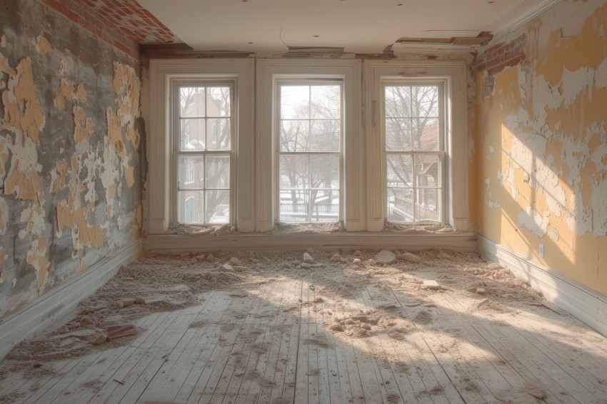 Room undergoing demolition for downsized home renovations with an empty window