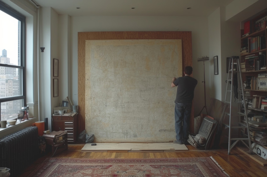 Man creates a new wall behind downsized furniture for home renovations