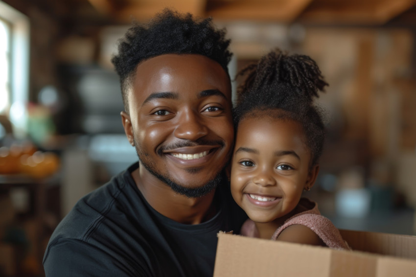 Father and girl moving with box in empty home