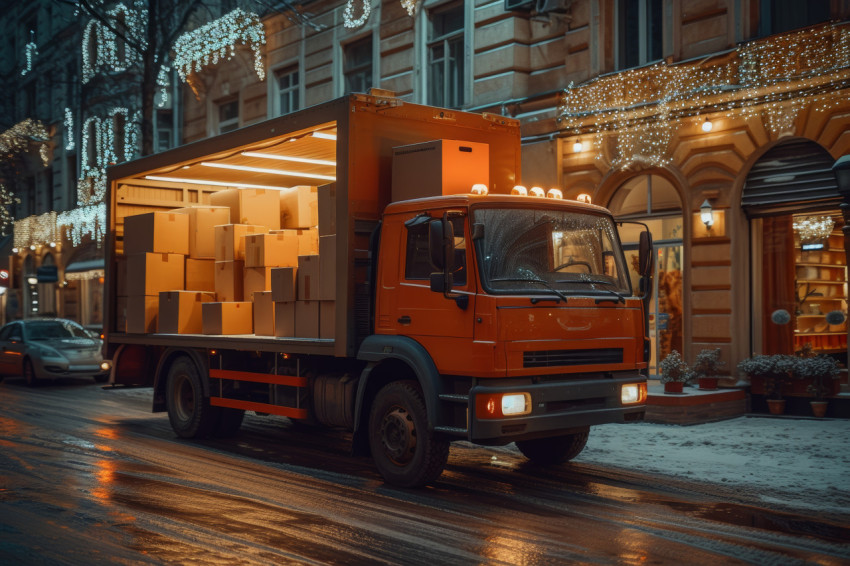 Moving truck with boxes inside and outside apartment for relocation