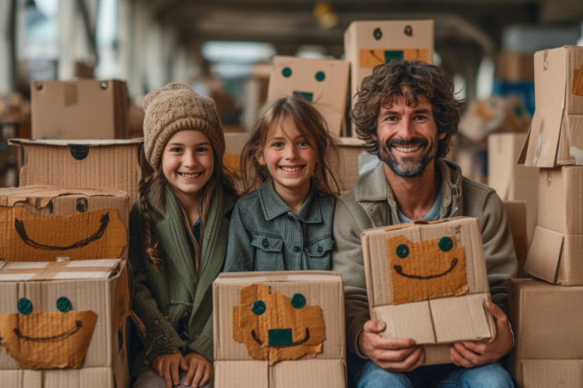 Happy couple sitting with their cat in the living room surrounded by moving boxes making their new home cozy