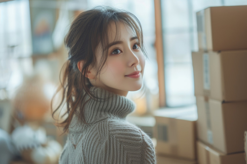 Young woman observes moving boxes in bedroom contemplating transition to new space