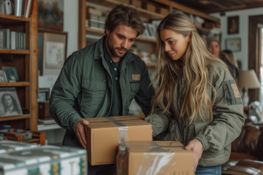 Man and woman arranging boxes in the living room creating an organized space together