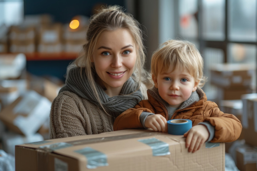 A mother and her son packing a carton with tape for a move or storage