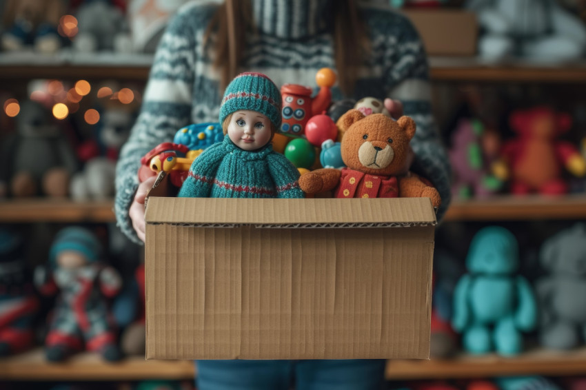 Person holding toys in a cardboard box exploring colorful playthings with joy and excitement
