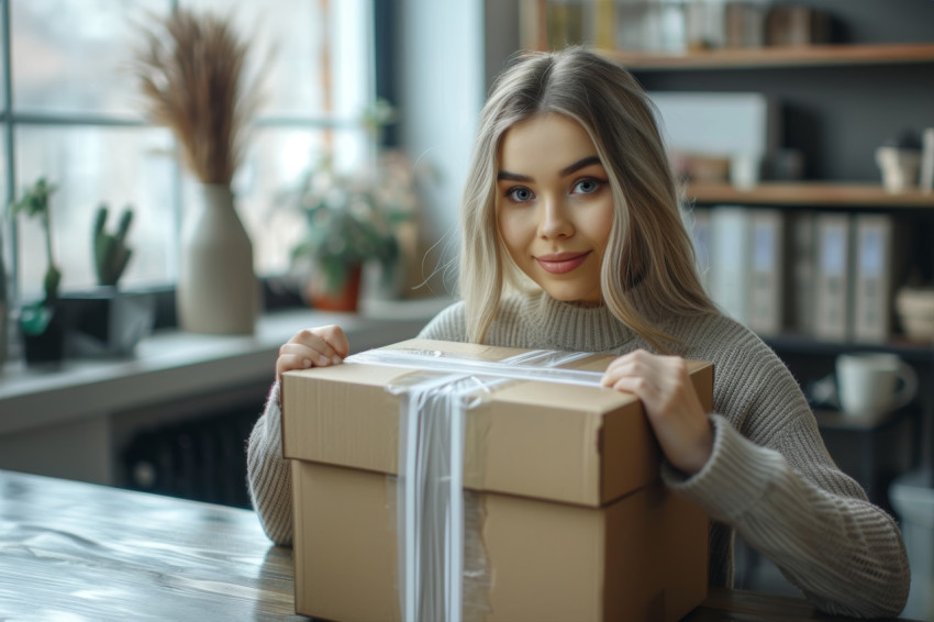 Woman wrapping tape around box on desk for secure packaging