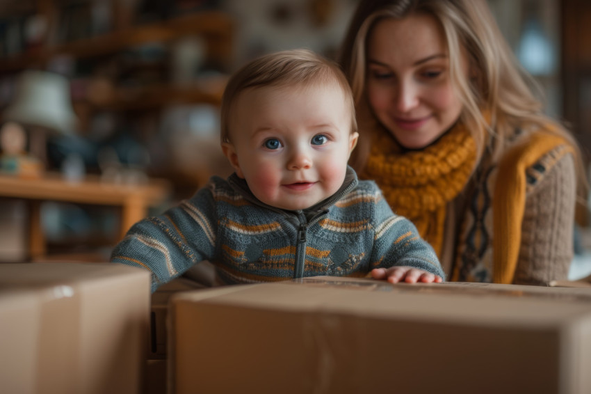 Woman and baby boy packing boxes in their new home creating memories together in a cozy space