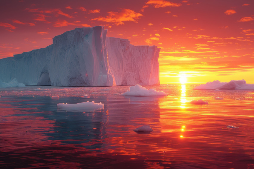 Colorful sunset blankets icebergs on icebergy island in a breathtaking display of nature beauty