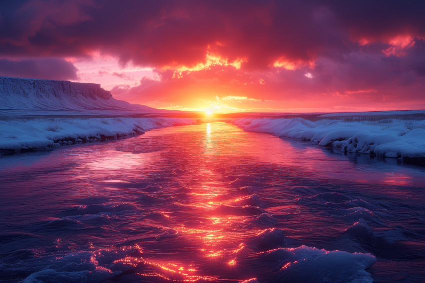 Glowing sunset colors blanket the icy river in iceland creating a mesmerizing view of nature beauty