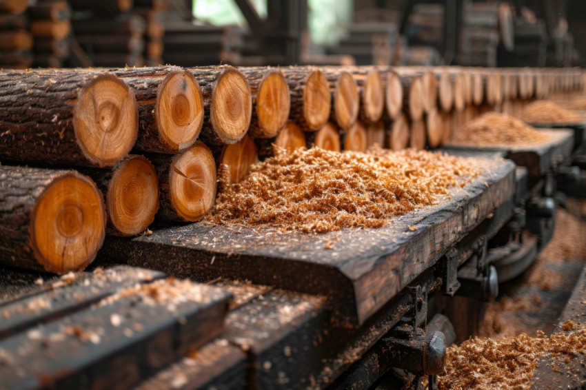 Logs and wood waste in a busy sawmill processing raw materials for various purposes