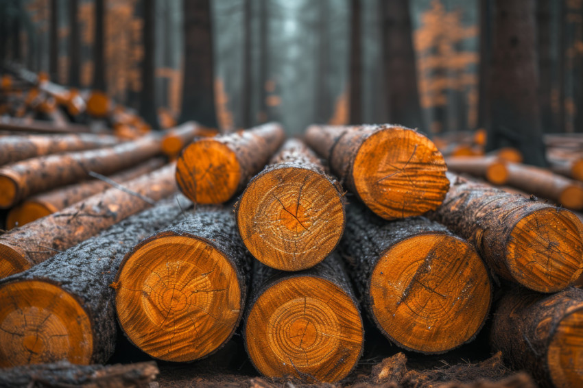 Chopped logs scattered in the forest a scene of nature raw beauty with wood pieces arranged on the ground