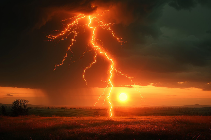 Powerful lightning illuminates a field above the sun creating a stunning natural display of energy in the sky