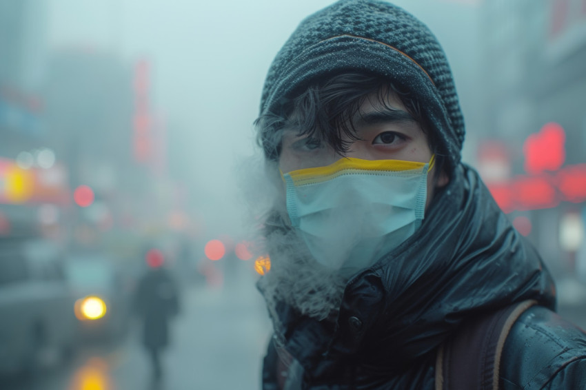 Man wearing face mask in smoggy city