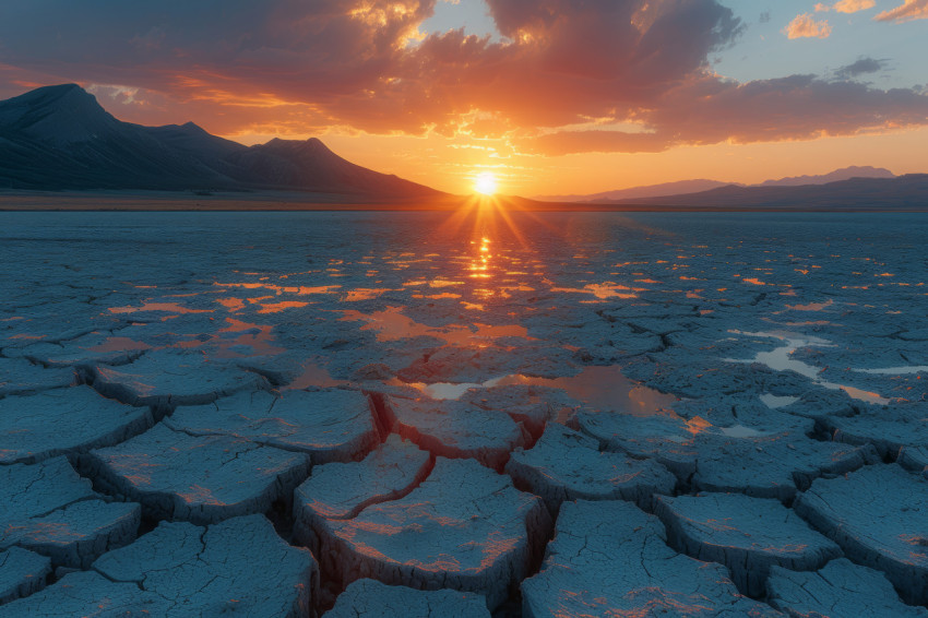 A serene dry lake nestled in the mountains surrounded by rugged terrain and a breathtaking view