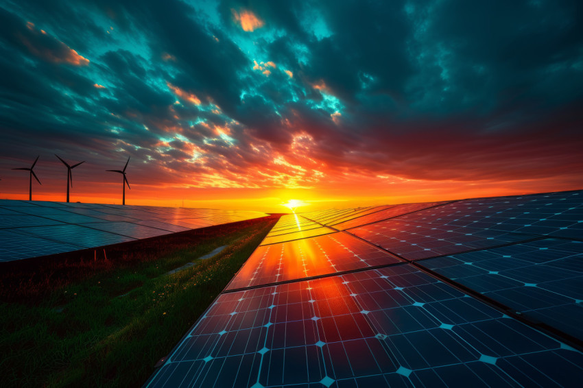 Solar and wind power generating energy against a colorful sunset sky harnessing nature energy for a sustainable future