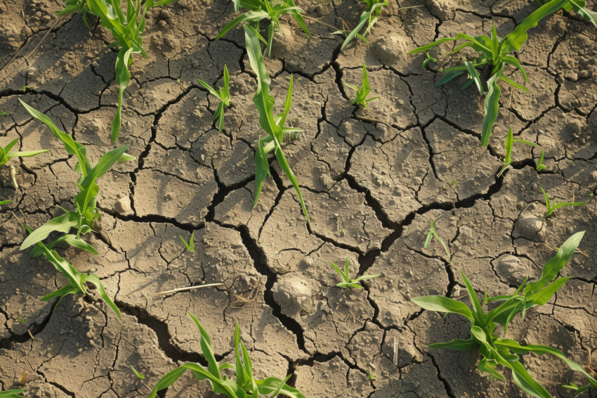 Barren landscape with parched cracked dirt in a field highlighting the impact of drought conditions