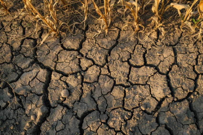 The sun baked farm field exhibits dried cracked lines in the absence of moisture