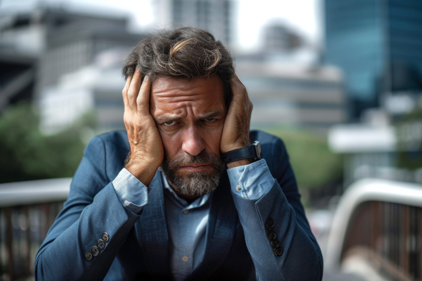 Mature businessman at bridge overwhelmed by despair facing struggles in life