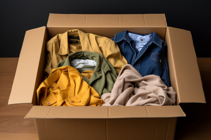 Clothes carefully folded and placed in a cardboard box