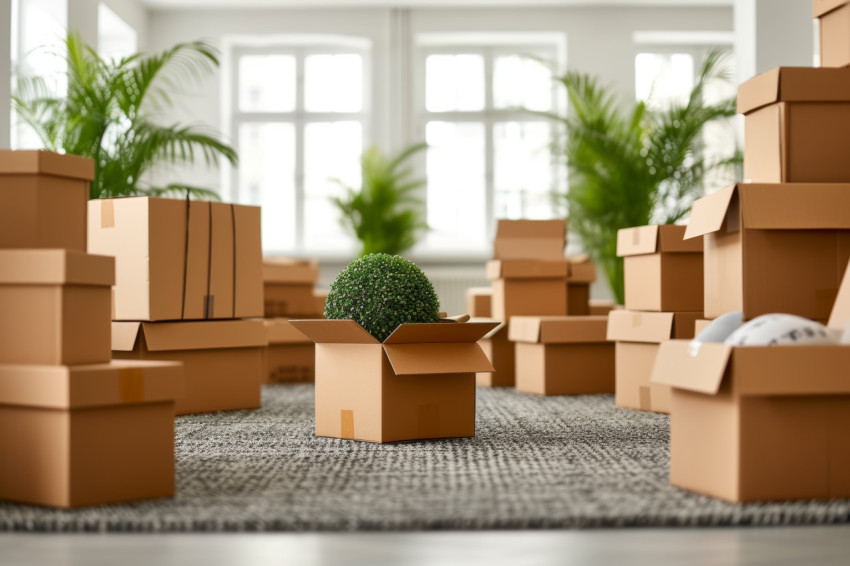 Indoor scene with cardboard boxes filled with personal items signifying moving day with space for text