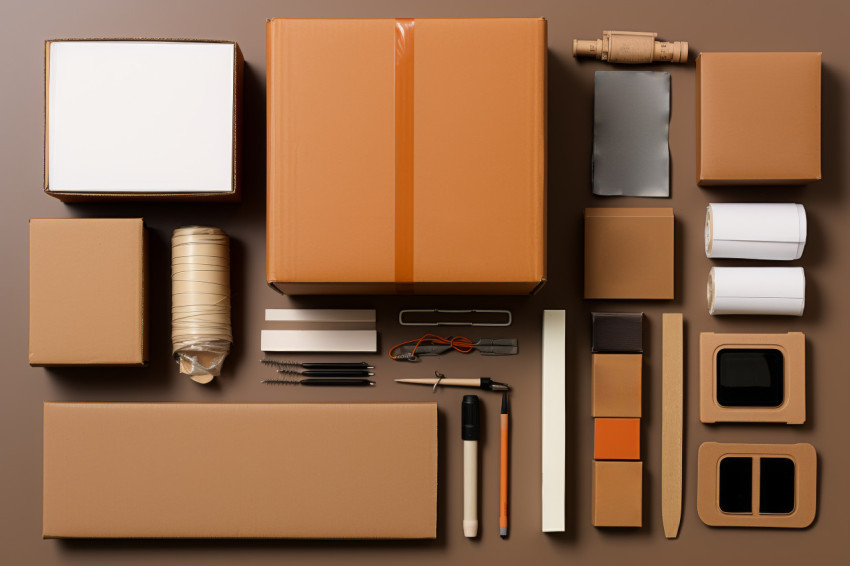 A collection of office essentials and stationery neatly arranged inside a brown box