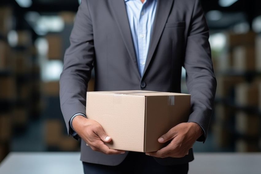 Close up of a businessperson holding a cardboard box