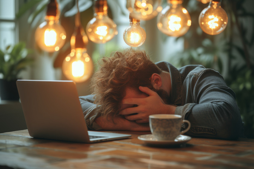 Man with head down on laptop at work desk feeling stressed and overwhelmed with work