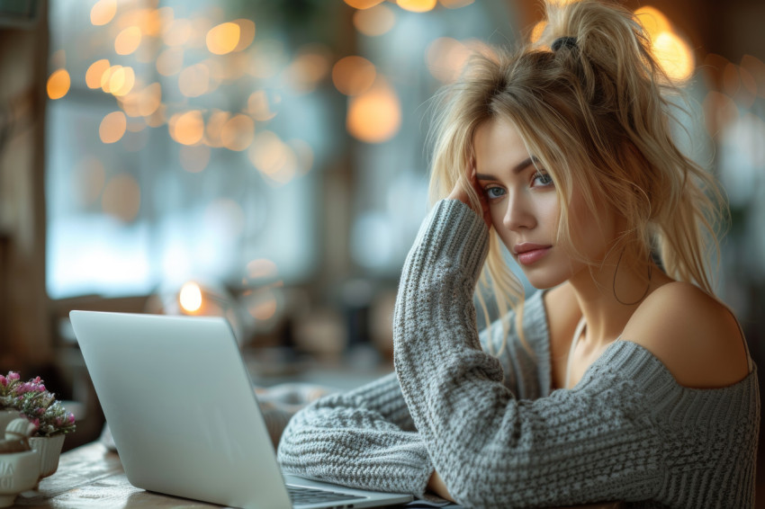 Beautiful woman at desk hand on face focused on laptop work