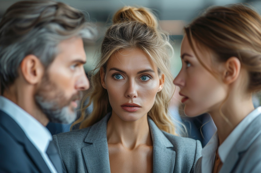 Three business individuals in a group expressing disagreement during a discussion