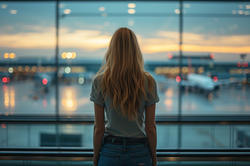 Woman at airport gazes at airplanes feeling regret for missed flights