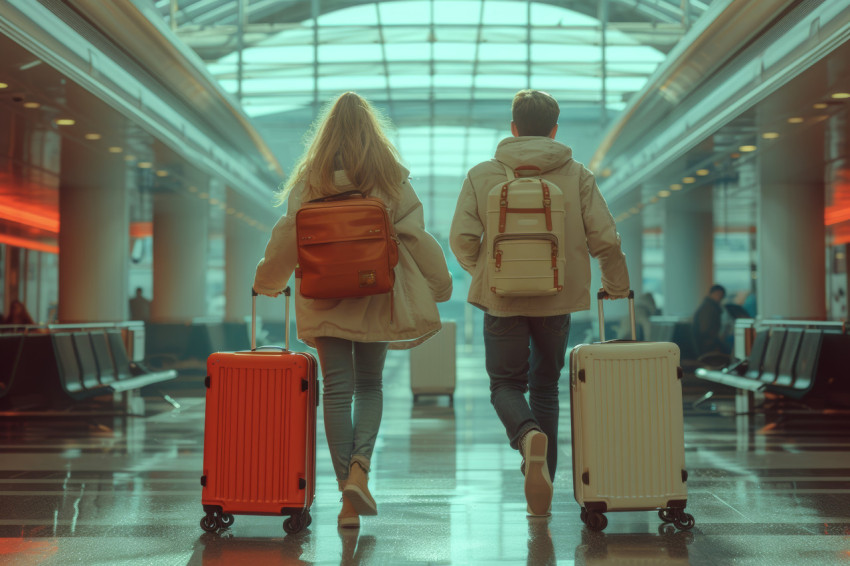 Man and woman with suitcases fast running through airport missed flights