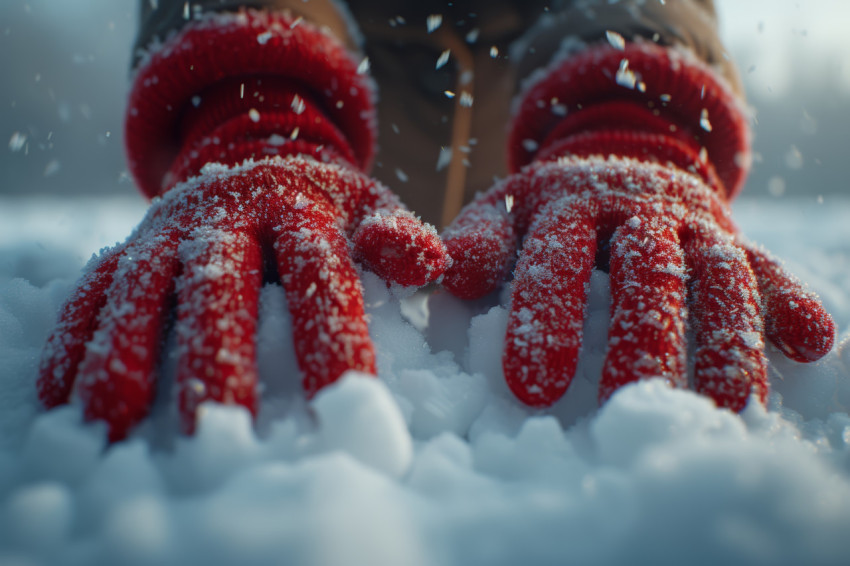 Red gloved individual touching snow in a snowy setting