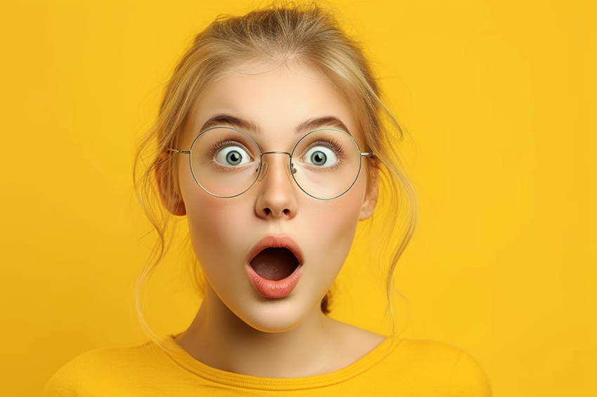 Girl in glasses displays surprised expression