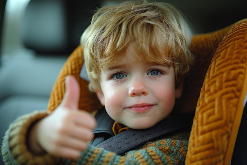 Young boy in car seat happily gives a thumbs up showing his excitement and positivity during the ride