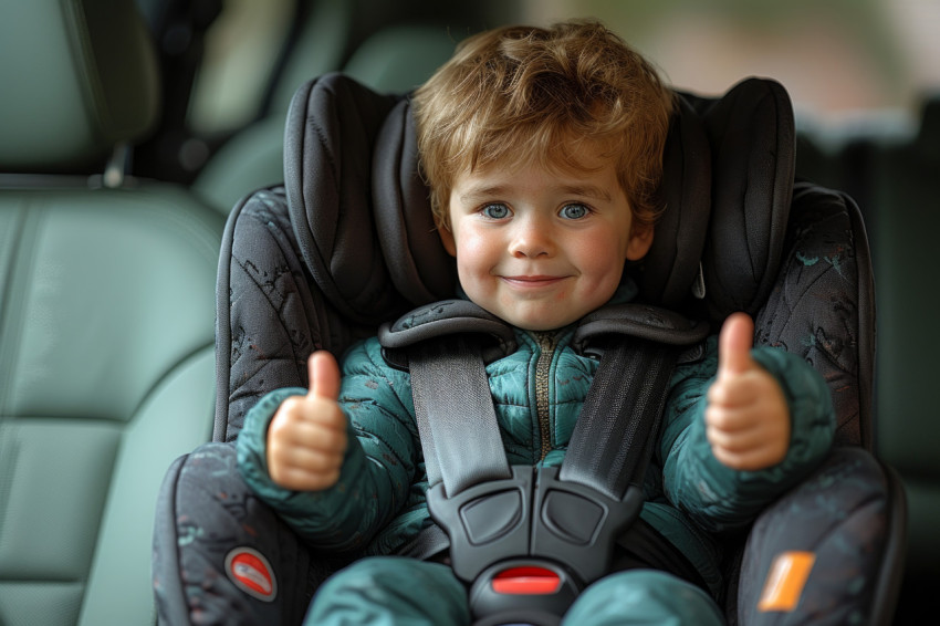 Little boy in car seat gives a cheerful thumbs up expressing joy and approval during a ride