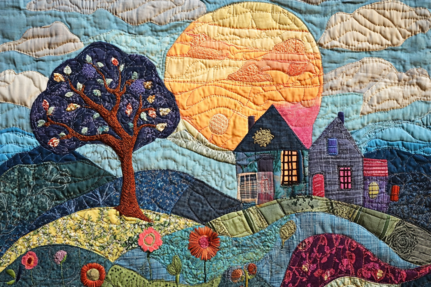 Fabric art of a house tree and sun in the style of made of lace