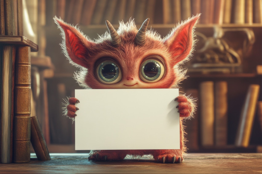 Baby monster with tiny horns and blank sign stands in quiet library Warm pixar Baby monster with tiny horns and blank sign stands in quiet library Warm pixar